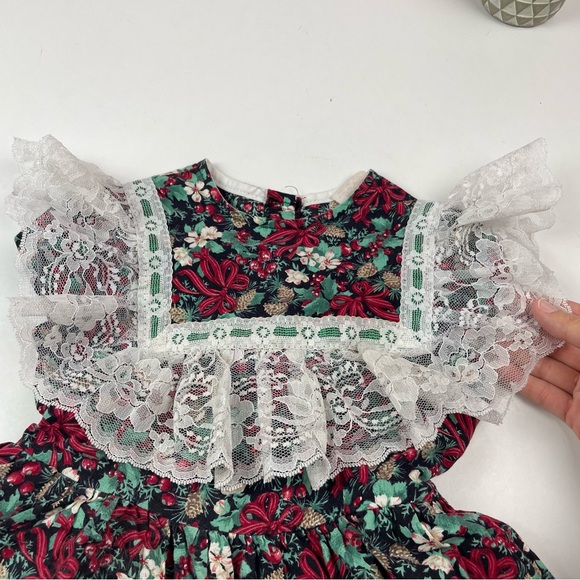 Little Princess Vintage Ruffle Floral Tulle Lace Red Green Black Dress Girl 4 - Picture 3 of 6